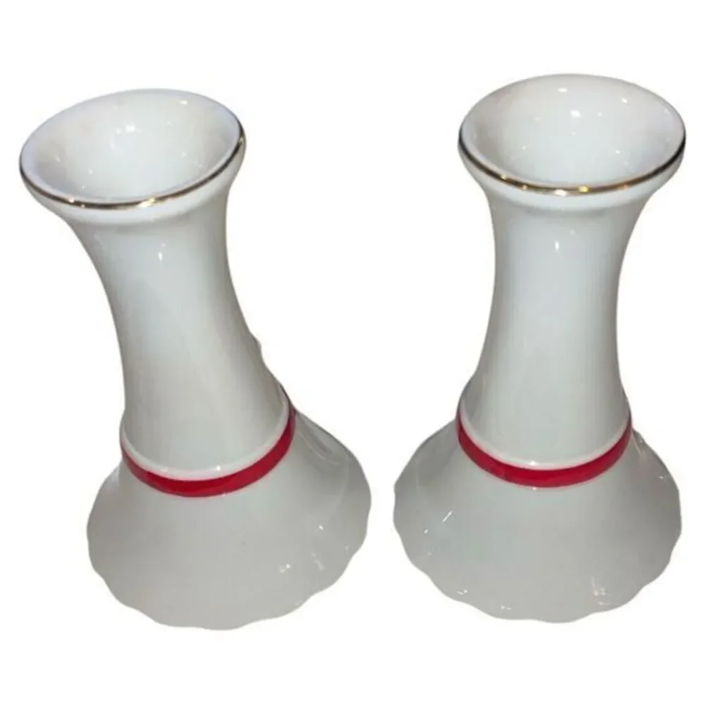 Mount Clemens Vtg Porcelain Christmas Candle Holders Pair‎ Ribbon Holly Japan